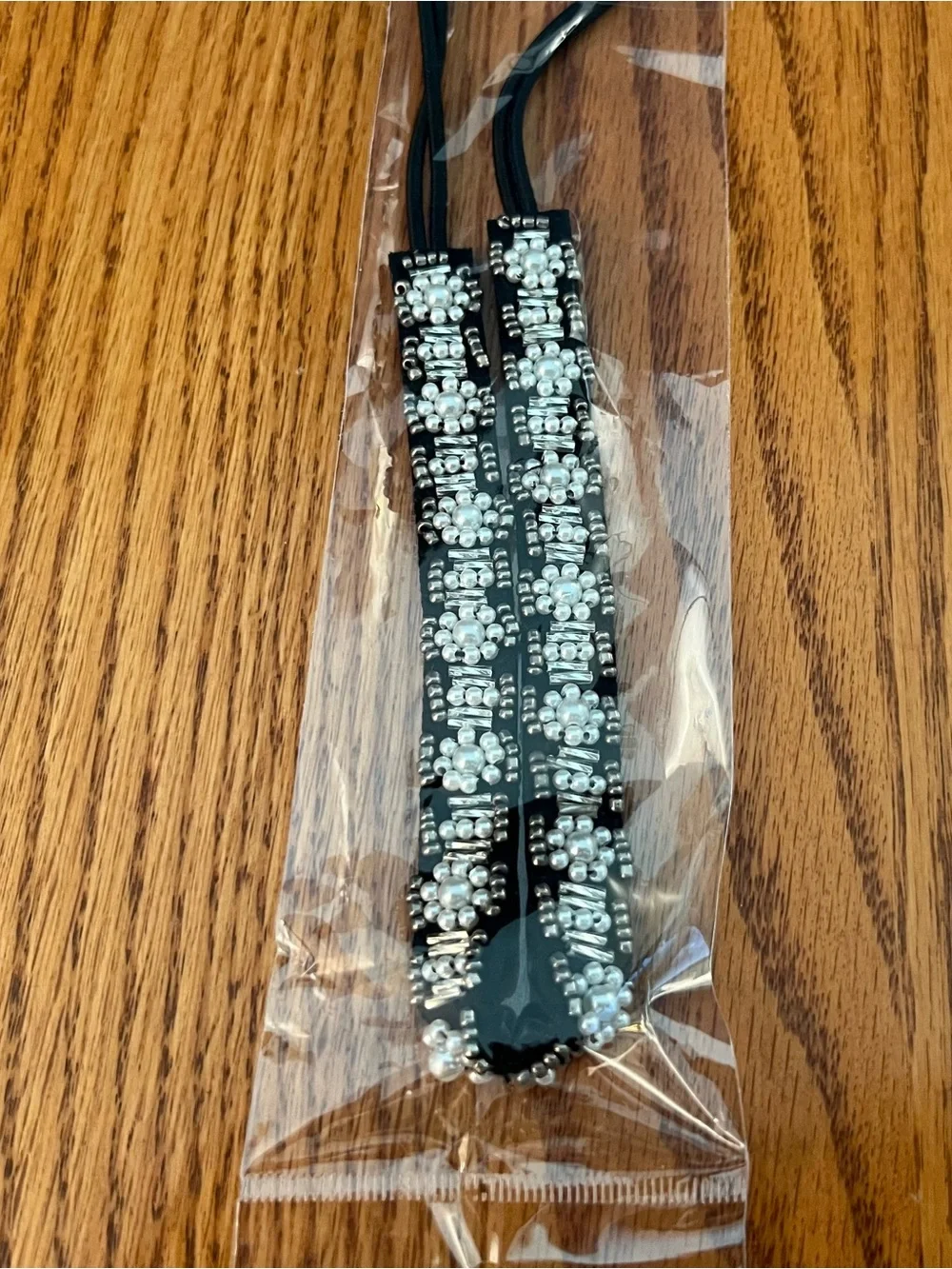 Beaded Black Elastic Headband with Silver and Turquoise Accents